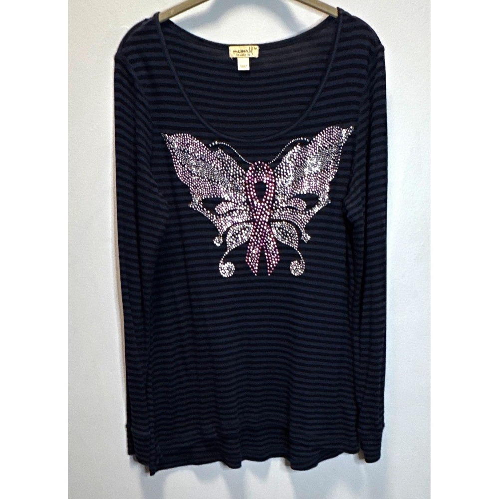 One World Women's Top M Black/Striped Butterfly Rhinestone Breast Cancer Bow